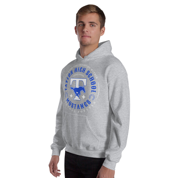 Man wearing Taylor High School Mustangs Grey Classic Unisex Hoodie 214