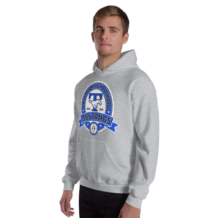 Man wearing Taylor High School Mustangs Grey Classic Unisex Hoodie 212