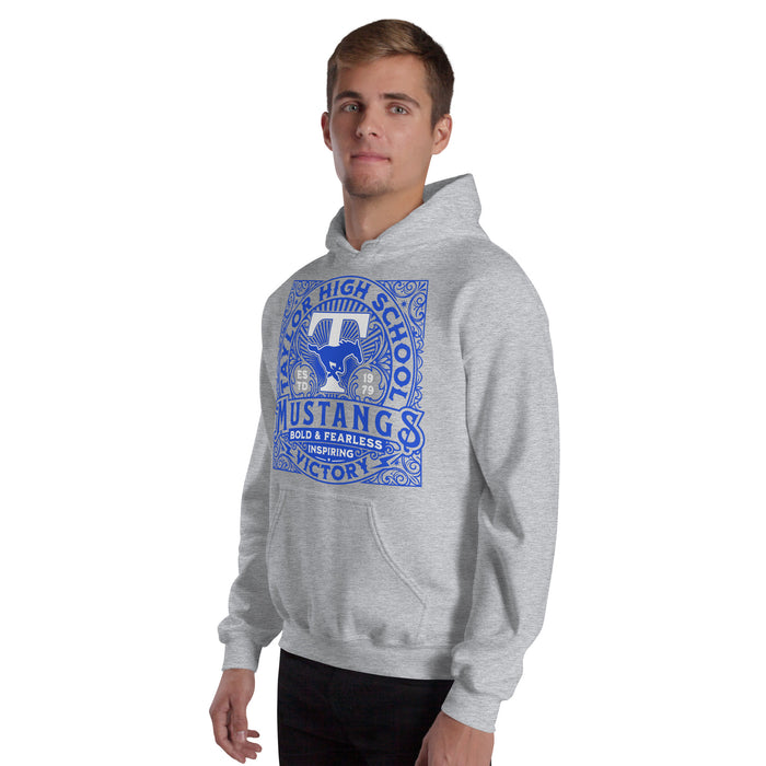 Man wearing Taylor High School Mustangs Grey Classic Unisex Hoodie 206