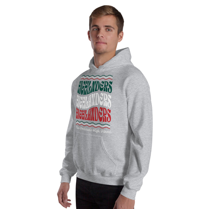Man wearing The Woodlands High School Highlanders Sport Grey Classic Unisex Hoodie 227