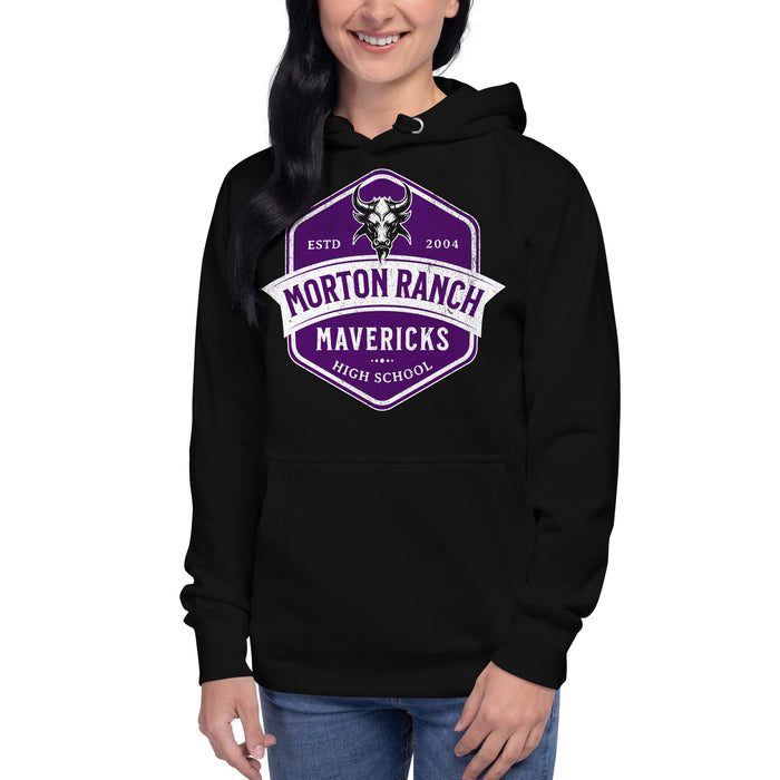 Woman wearing a Morton Ranch High School Mavericks Premium Black Hoodie 216