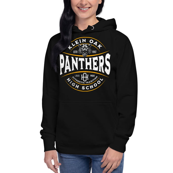 Woman wearing a Klein Oak High School Panthers Premium Black Hoodie 203