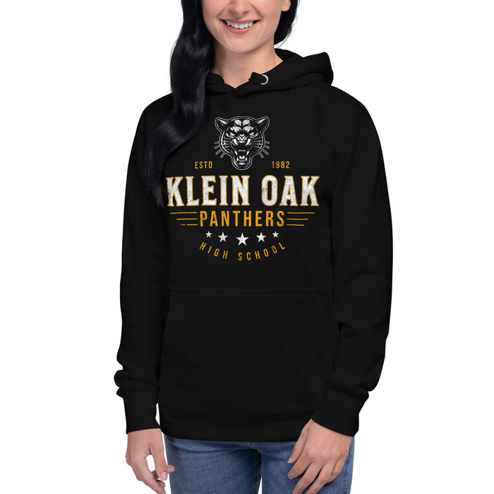 Woman wearing a Klein Oak High School Panthers Premium Black Hoodie 204