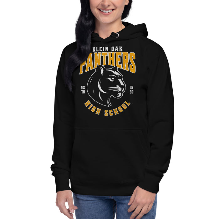 Woman wearing a Klein Oak High School Panthers Premium Black Hoodie 208