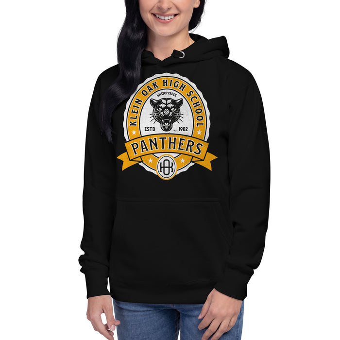 Woman wearing a Klein Oak High School Panthers Premium Black Hoodie 209