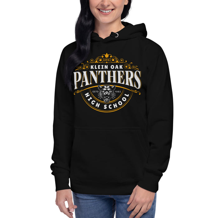 Woman wearing a Klein Oak High School Panthers Premium Black Hoodie 210