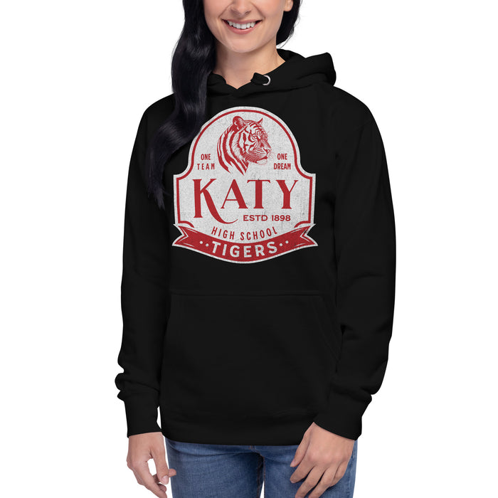 Woman wearing a Katy High School Tigers Black Premium Unisex Hoodie 212