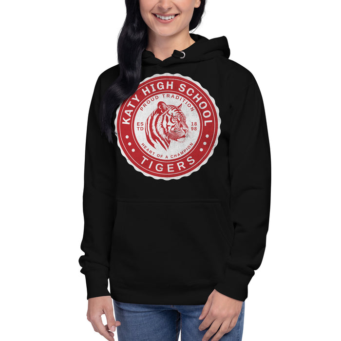 Woman wearing a Katy High School Tigers Black Premium Unisex Hoodie 209