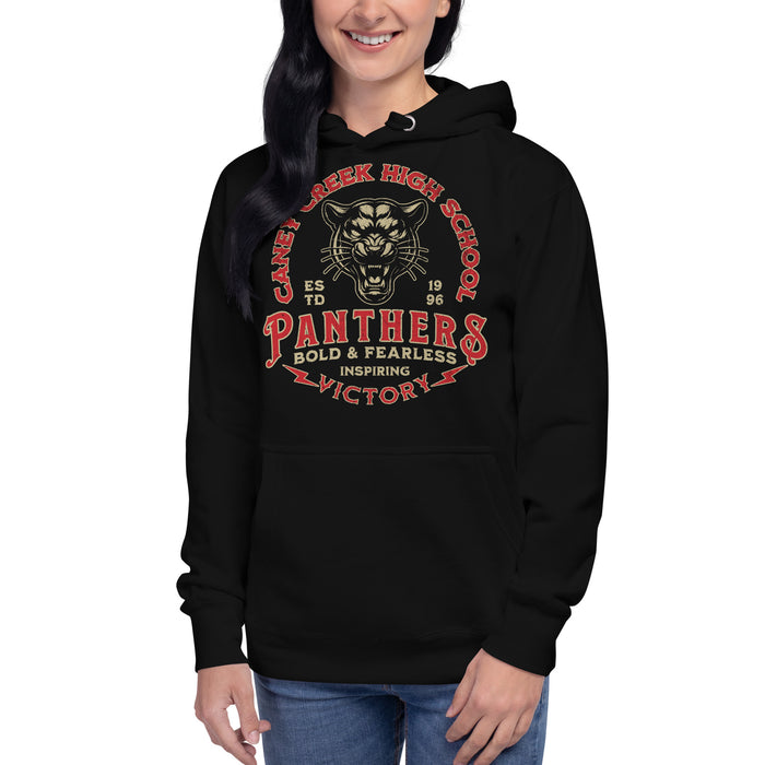 Woman wearing Caney Creek High School Panthers Black Premium Unisex Hoodie 206