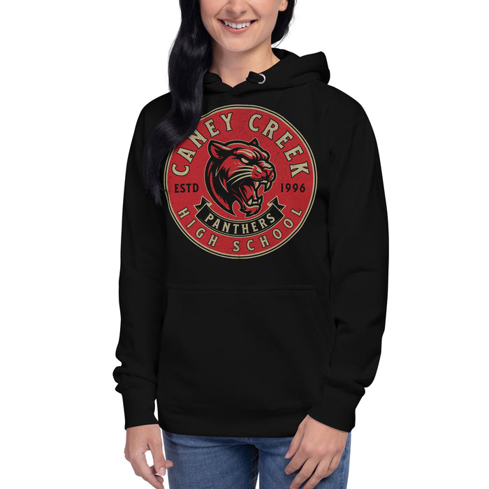 Woman wearing Caney Creek High School Panthers Black Premium Unisex Hoodie 215