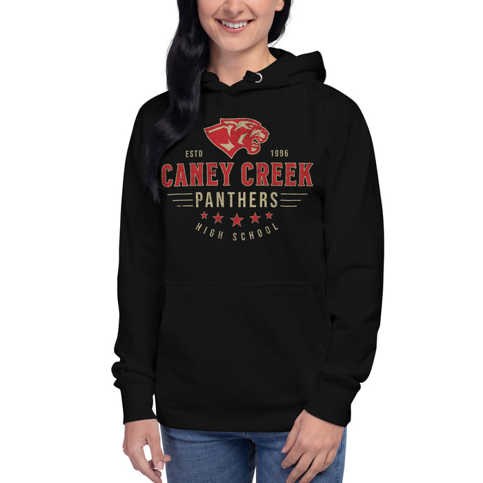 Woman wearing Caney Creek High School Panthers Black Premium Unisex Hoodie 217