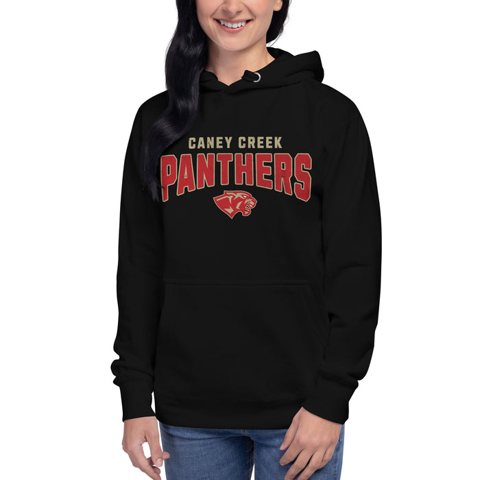 Woman wearing Caney Creek High School Panthers Black Premium Unisex Hoodie 222