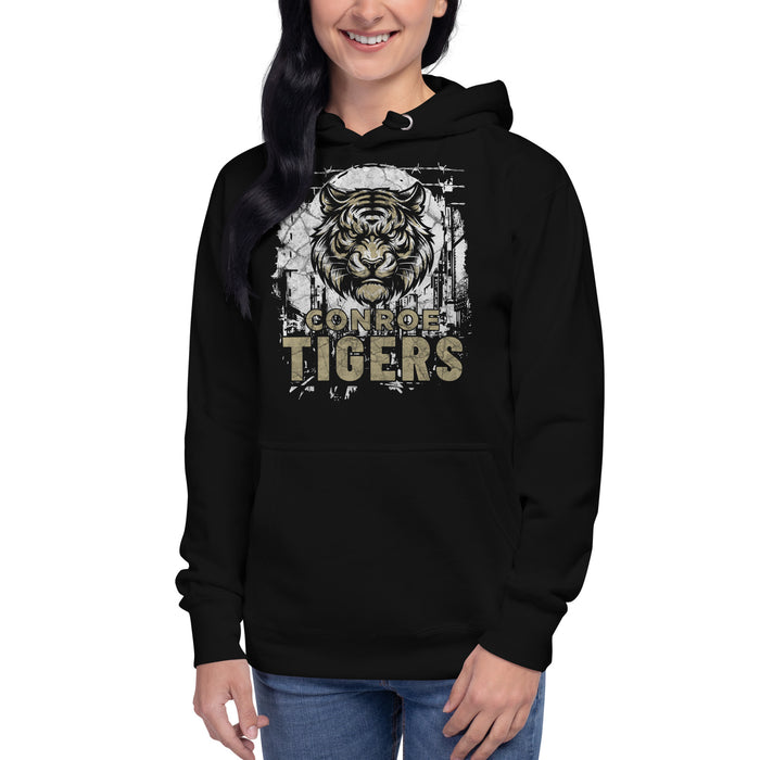 Woman wearing Conroe High School Tigers Black Premium Unisex Hoodie 202