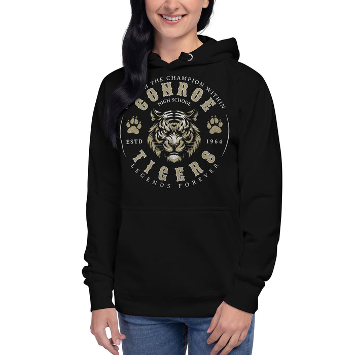 Woman wearing Conroe High School Tigers Black Premium Unisex Hoodie 210