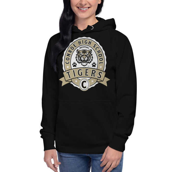 Woman wearing Conroe High School Tigers Black Premium Unisex Hoodie 212