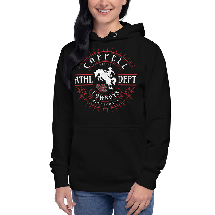 Woman wearing Coppell High School Cowboys Black Premium Unisex Hoodie 201