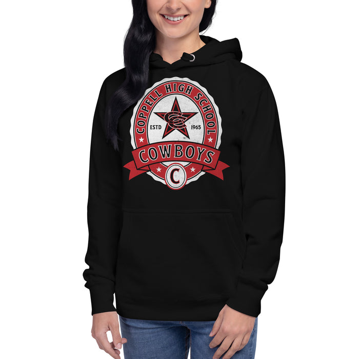 Woman wearing Coppell High School Cowboys Black Premium Unisex Hoodie 212