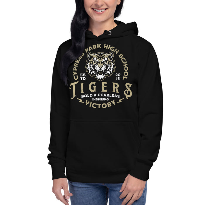 Woman wearing Cypress Park High School Tigers Black Premium Unisex Hoodie 206