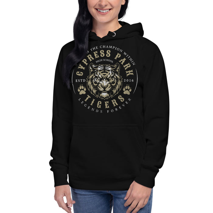 Woman wearing Cypress Park High School Tigers Black Premium Unisex Hoodie 214