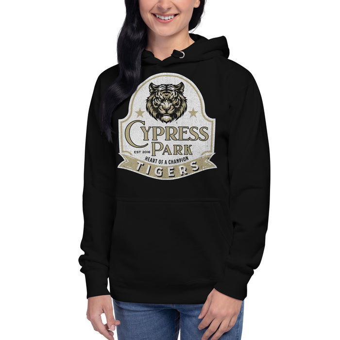 Woman wearing Cypress Park High School Tigers Black Premium Unisex Hoodie 219