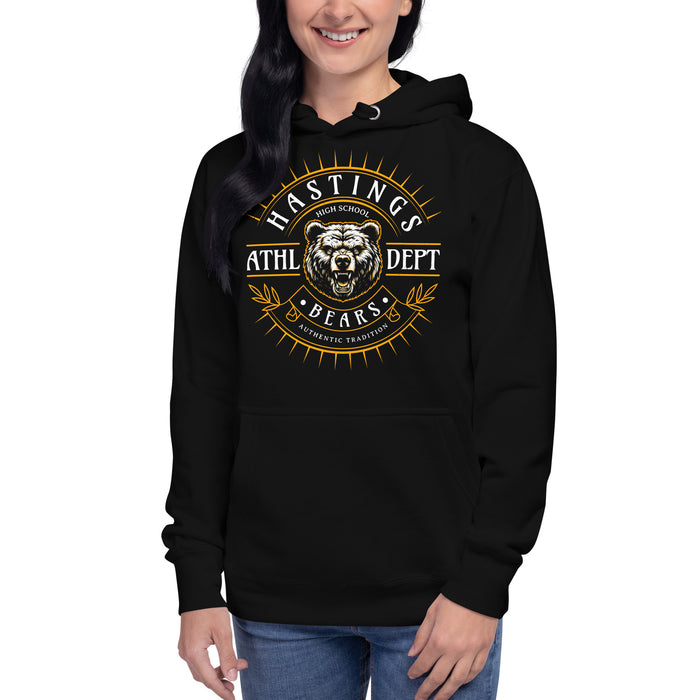 Woman wearing Hastings High School Bears Black Premium Unisex Hoodie 201