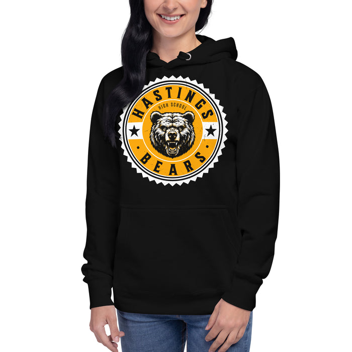 Woman wearing Hastings High School Bears Black Premium Unisex Hoodie 203