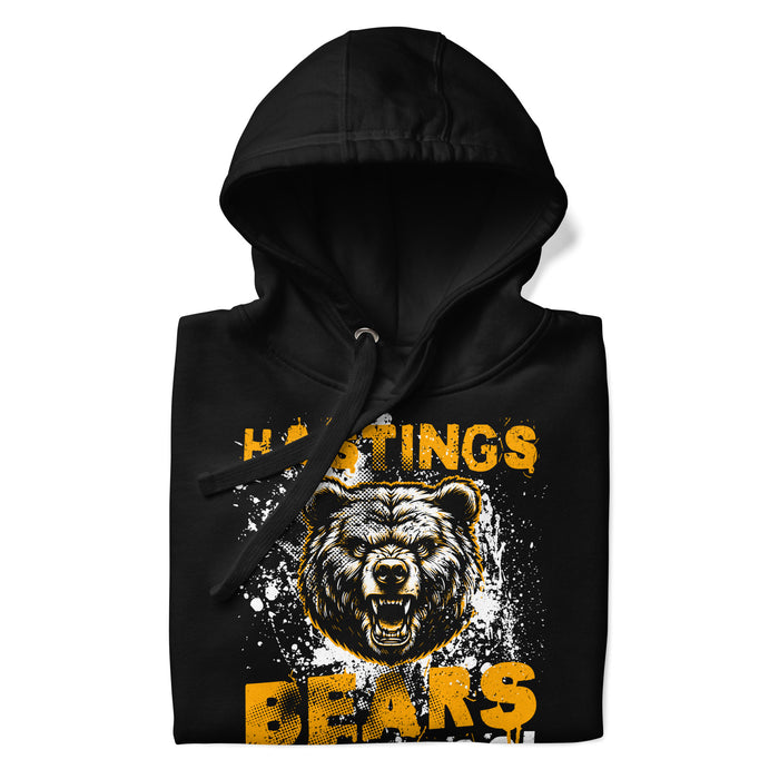 A close-up picture of a black hoodie with the Hastings High School Bears logo folded neatly. This hoodie features design #205