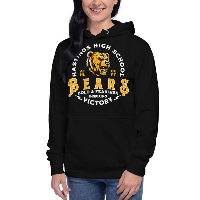 Woman wearing Hastings High School Bears Black Premium Unisex Hoodie 206