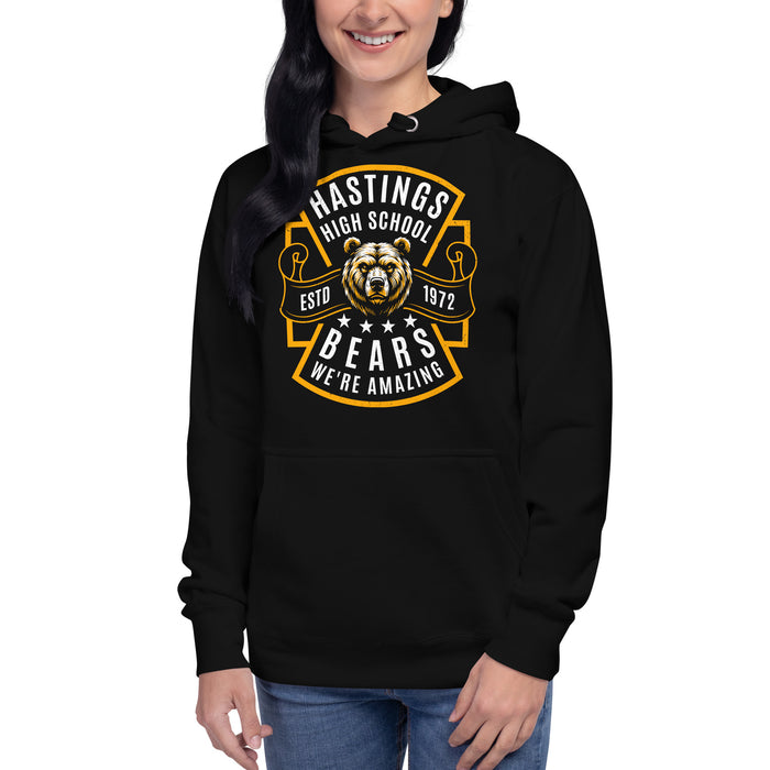 Woman wearing Hastings High School Bears Black Premium Unisex Hoodie 207