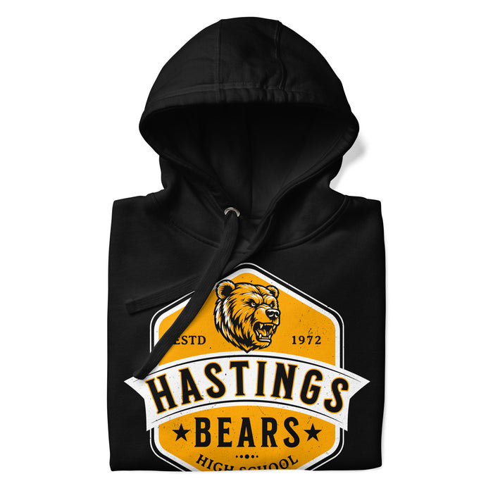 A close-up picture of a black hoodie with the Hastings High School Bears logo folded neatly. This hoodie features design #209