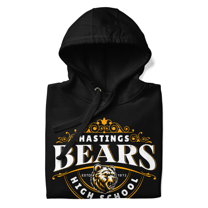 A close-up picture of a black hoodie with the Hastings High School Bears logo folded neatly. This hoodie features design #211