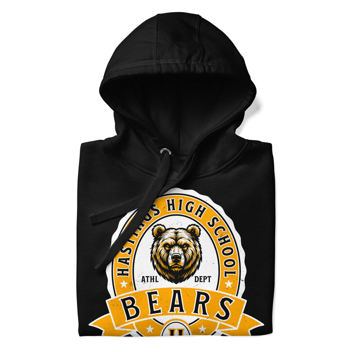 A close-up picture of a black hoodie with the Hastings High School Bears logo folded neatly. This hoodie features design #212