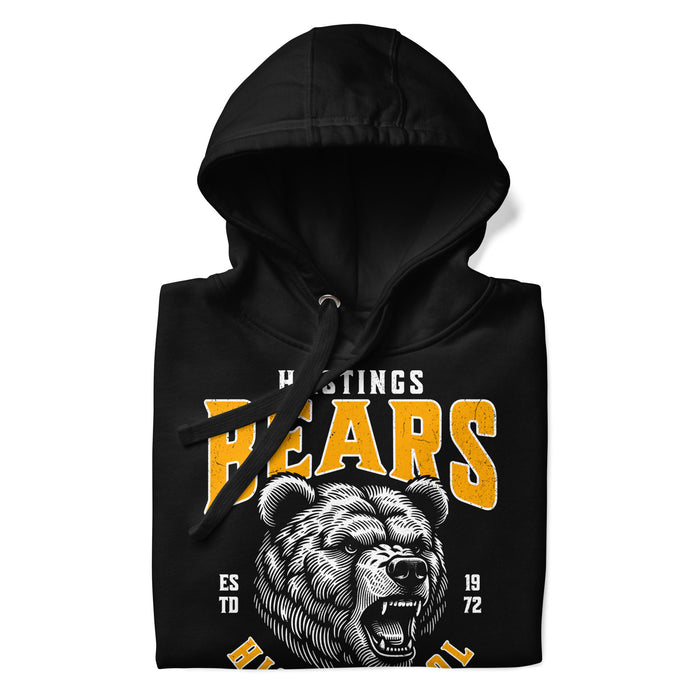 A close-up picture of a black hoodie with the Hastings High School Bears logo folded neatly. This hoodie features design #213