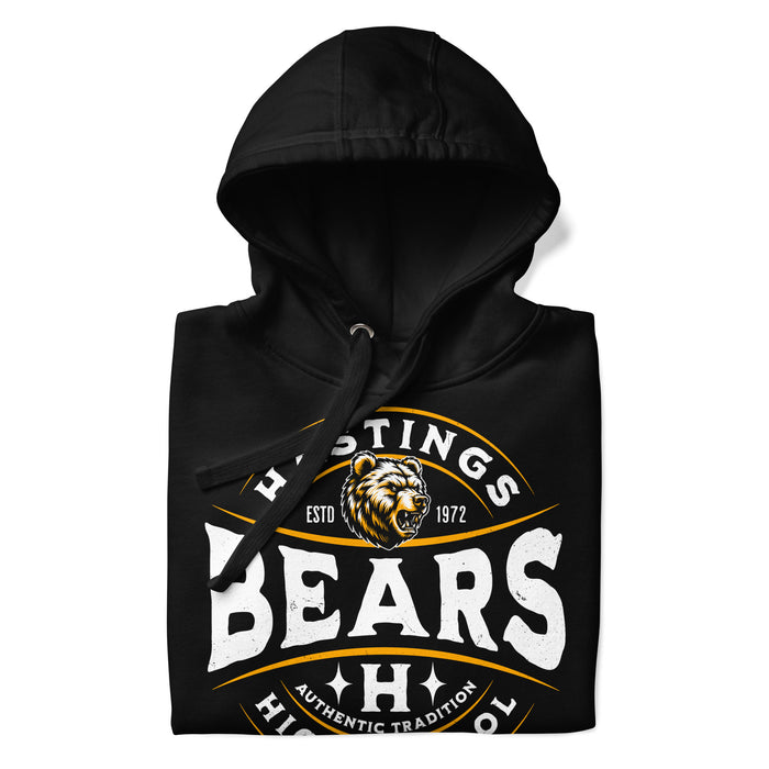 A close-up picture of a black hoodie with the Hastings High School Bears logo folded neatly. This hoodie features design #218