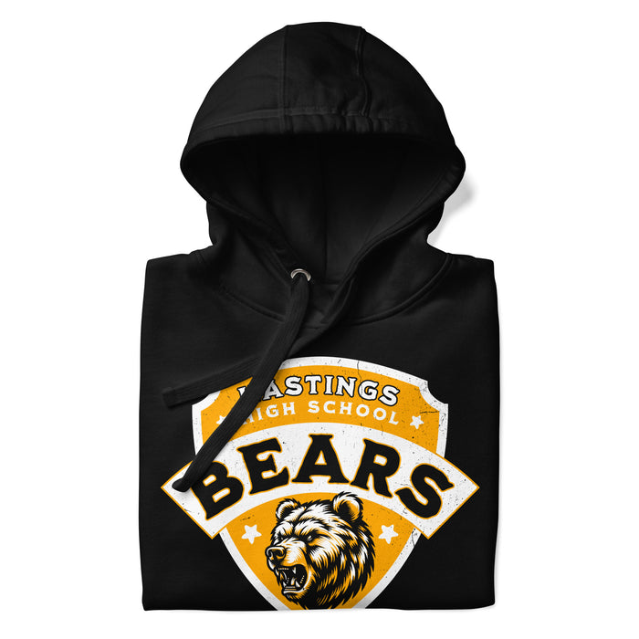 A close-up picture of a black hoodie with the Hastings High School Bears logo folded neatly. This hoodie features design #221