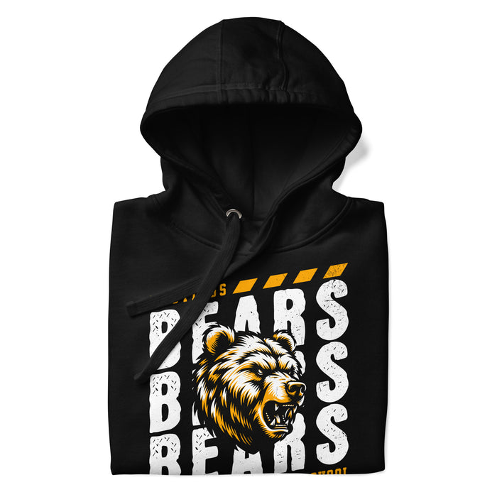 A close-up picture of a black hoodie with the Hastings High School Bears logo folded neatly. This hoodie features design #223