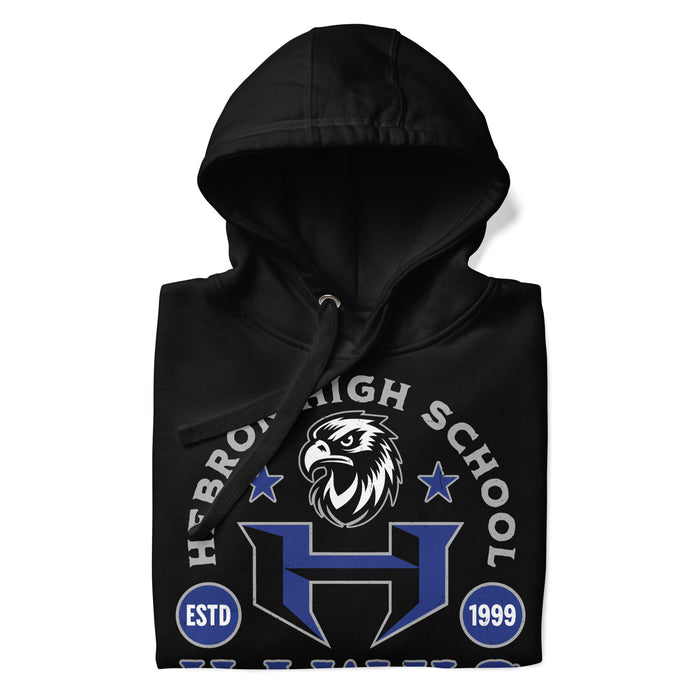 A close-up picture of a black hoodie with the Hebron High School Hawks logo folded neatly. This hoodie features design #208