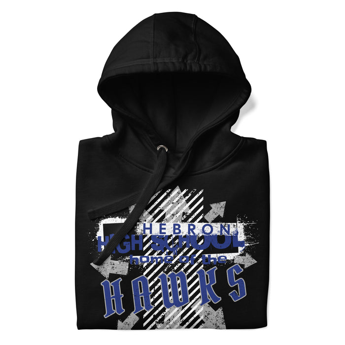 A close-up picture of a black hoodie with the Hebron High School Hawks logo folded neatly. This hoodie features design #210