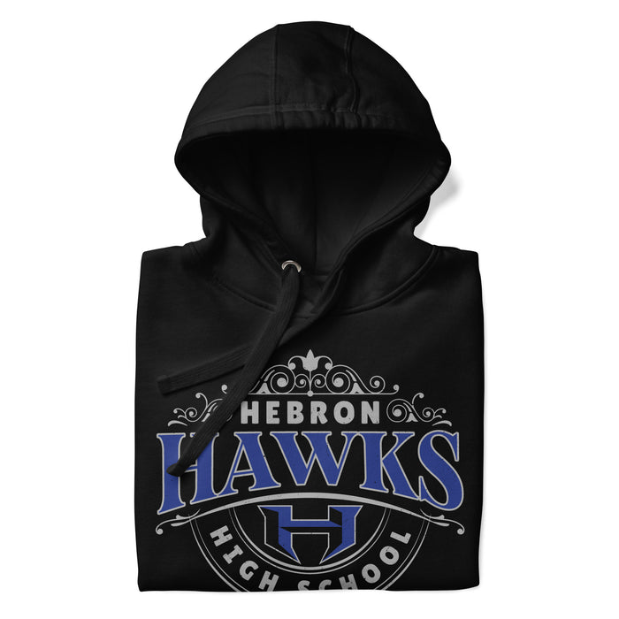 A close-up picture of a black hoodie with the Hebron High School Hawks logo folded neatly. This hoodie features design #211