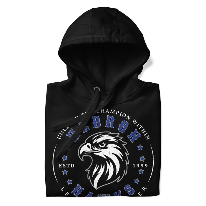 A close-up picture of a black hoodie with the Hebron High School Hawks logo folded neatly. This hoodie features design #214