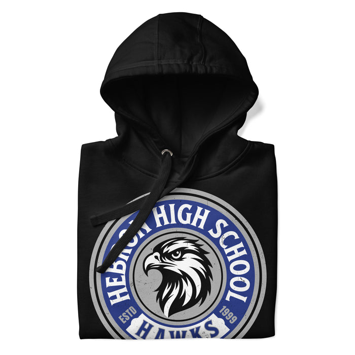 A close-up picture of a black hoodie with the Hebron High School Hawks logo folded neatly. This hoodie features design #220