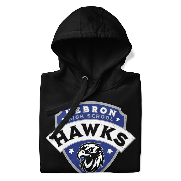 A close-up picture of a black hoodie with the Hebron High School Hawks logo folded neatly. This hoodie features design #221