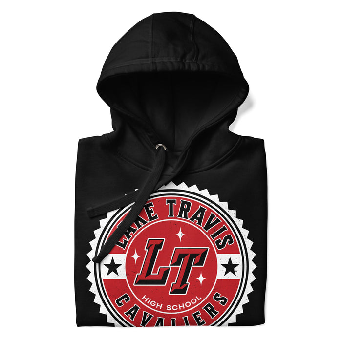 A close-up picture of a black hoodie with the Lake Travis High School Cavaliers logo folded neatly. This hoodie features design #203