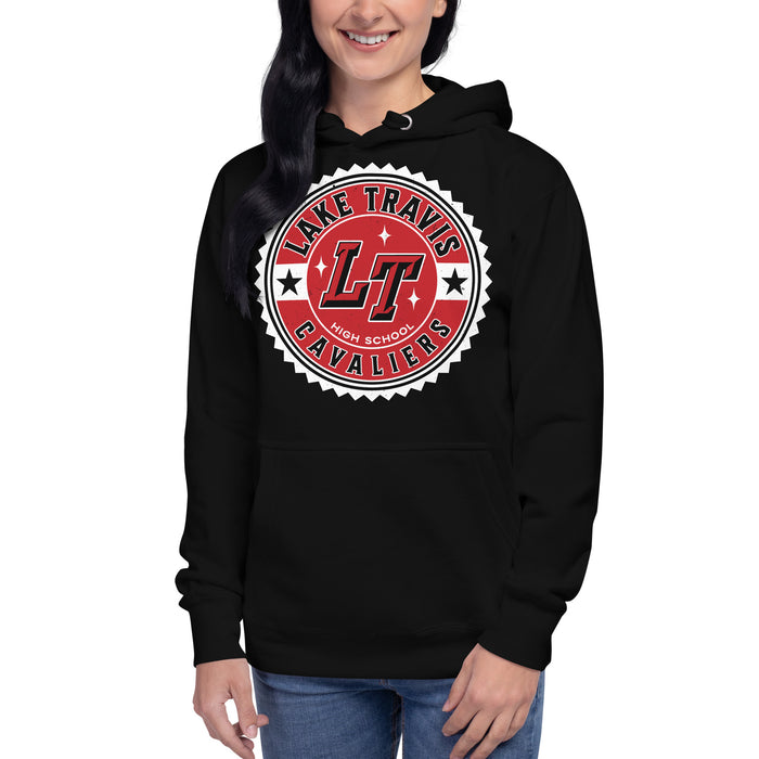 Woman wearing Lake Travis High School Cavaliers Black Premium Unisex Hoodie 203