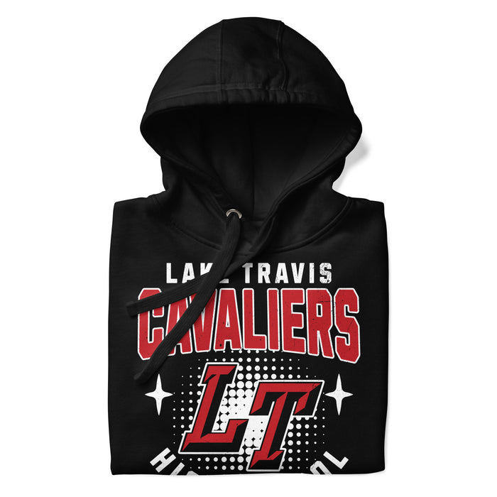 A close-up picture of a black hoodie with the Lake Travis High School Cavaliers logo folded neatly. This hoodie features design #206