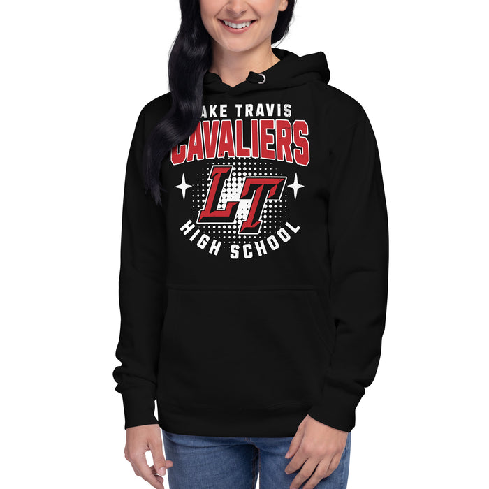 Woman wearing Lake Travis High School Cavaliers Black Premium Unisex Hoodie 206