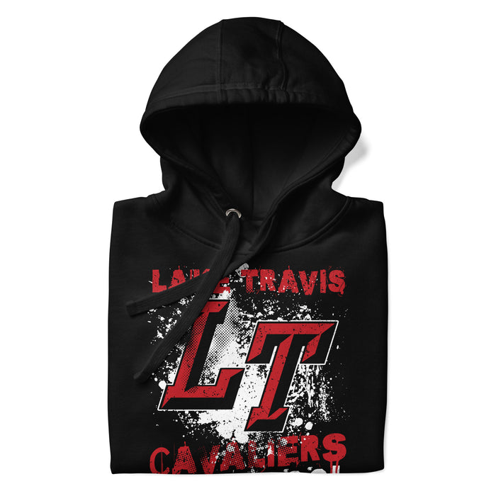 A close-up picture of a black hoodie with the Lake Travis High School Cavaliers logo folded neatly. This hoodie features design #205