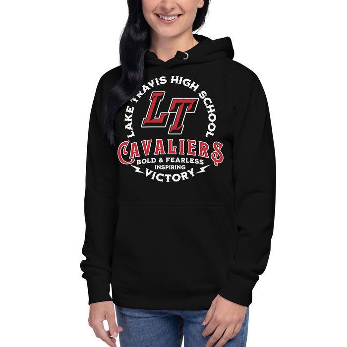 Woman wearing Lake Travis High School Cavaliers Black Premium Unisex Hoodie 206