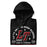 A close-up picture of a black hoodie with the Lake Travis High School Cavaliers logo folded neatly. This hoodie features design #208