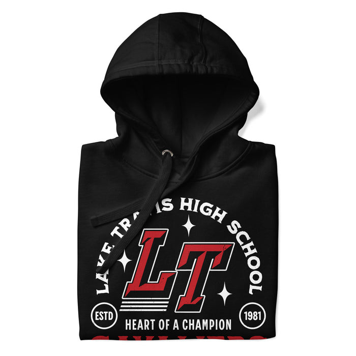 A close-up picture of a black hoodie with the Lake Travis High School Cavaliers logo folded neatly. This hoodie features design #208